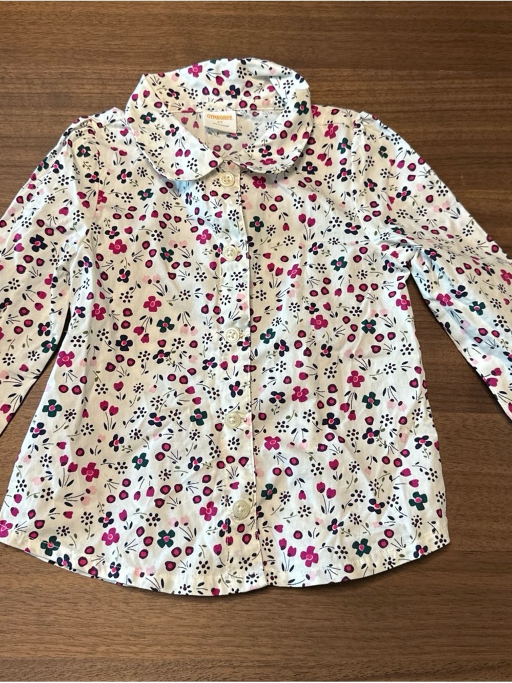 Gymboree White Button-Down Shirt with Pink & Green Floral Print